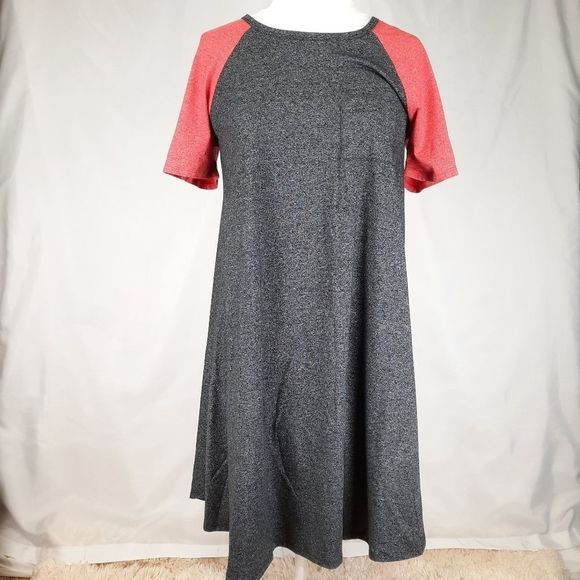 LuLaRoe Carly swing dress gray red contrast short sleeve pocket high-low small - Picture 1 of 10